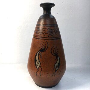 Kokopelli Brown 12" Tall Vase Black Beige Mexican